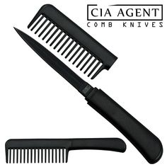 two combs and a hair brush are shown with the words cia agent comb knives