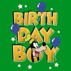 a cartoon character with balloons and stars around it that says birth day boy on a green background