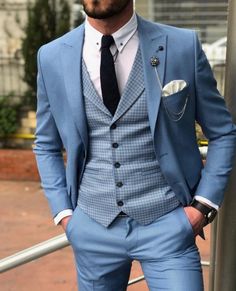 Men Suits Pattern, Suits With Vest For Men, Mens Wedding Suits Blue, Mens Blue Suit Outfit Wedding, Mens Blue Suits Wedding, Men’s Blue Suit Ideas, Men’s Blue Suits, Patterned Wedding Suit, Men’s Wedding Suits Blue