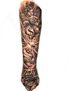 a man's arm with tattoos on it and an angel in the center, surrounded by other symbols