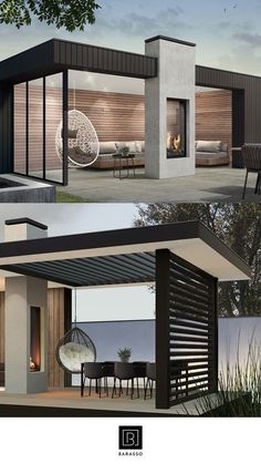 two pictures of a modern house with an outdoor dining area