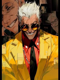 an older man with white hair and yellow glasses in front of a digital collage