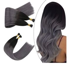 24" I Tip Human Hair Extensions. Ombre Off Black Fading To Silver. 40 Gram Fusion. Silky Straight. Itip Hair Extensions, Hair Extensions Color, Dark Blonde Highlights, Natural Ombre, Hair Tape, Weft Hair Extensions, Curly Hair Wig, Wavy Curly Hair, Bleach Blonde