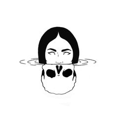 a drawing of a woman floating in water with her face above the water's surface