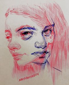 a drawing of a woman's face in red and blue