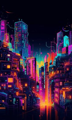 an abstract cityscape with neon lights and buildings