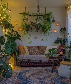 a living room filled with lots of plants next to a wall covered in hanging lights