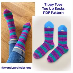 a pair of socks with blue and pink stripes are shown next to the legs of a woman