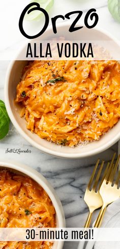 two bowls of orzo with two forks and text overlay that reads orzo alla vodka - 30 minute meal! Orzo Red Sauce, Vodka Recipes Food, Vodka Sauce Risotto, One Pot Vodka Sauce Orzo, Vodka Sauce Orzo, Spicy Vodka Orzo, Orzo Sauce Recipes, One Pot Vodka Pasta, Orzo Alla Vodka