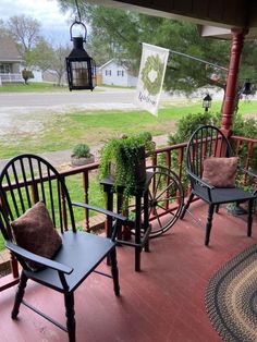 some chairs and tables on a porch