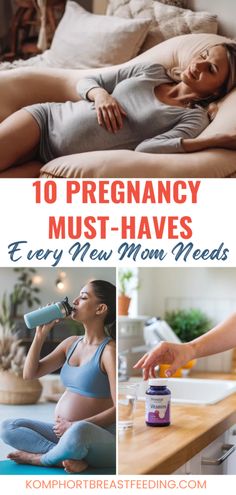 pregnant woman drinking from a bottle while sitting on her bed with the words 10 pregnancy must - haves every new mom needs