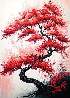 a painting of a tree with red leaves