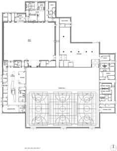 an architectural drawing shows the floor plan for a basketball court, with several hoops on each side