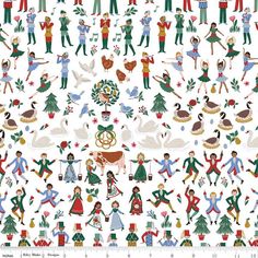 a large group of people with christmas decorations and holiday trees on white fabric, all in different colors