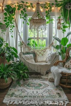 a living room filled with lots of plants and hanging chairs in front of a window