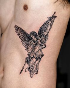 Arch Angel Micheal Tattoo, Angel Rib Tattoo Men, Greek God Angel Tattoo, Michael The Angel Tattoo, Men’s Tattoo Back, Arc Angle Michael Tattoo, Angel Greek Tattoo, Angel Michael Tattoo Design, Raphael Angel Tattoo