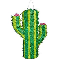 a green cactus hanging decoration with pink flowers