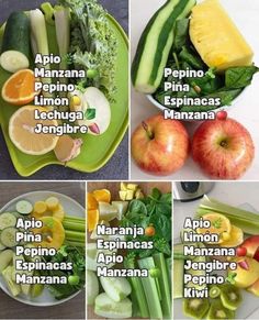 there are many different types of fruits and vegetables on this plate with the names in spanish