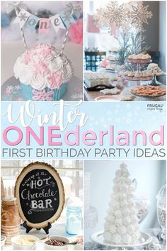 winter wonderland first birthday party ideas for girls and boys with snowflakes, cupcakes