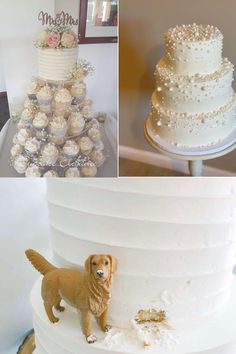 there are many different cakes and cupcakes on the table, including one with a dog figurine