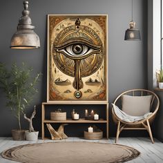 an all seeing eye poster hangs on the wall next to a chair and potted plant