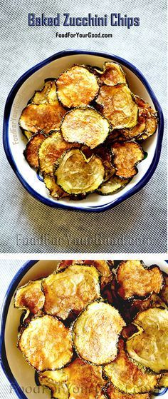 two pictures of baked zucchini chips in a blue and white bowl on a table