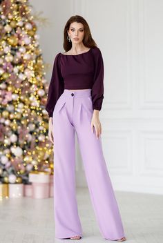 Lavender V-Neck Puff-Sleeve Midi Dress – ELAGIA Lavender Pants Outfit, White Jumpsuit Formal, Lavender Pants, Palazzo Style, Executive Fashion, Formal Jumpsuit, Suiting Fabric, Backless Jumpsuit, Off Shoulder Top