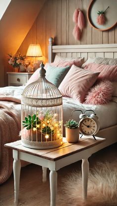 a birdcage filled with plants sitting on top of a table next to a bed