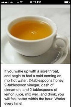 Cough remedy - honey, apple cider vinegar, cinnamon, lemon, and ginger. Sore Throat Tea, Sore Throat Remedies, Throat Remedies, Cold Remedies, Homemade Remedies, Sore Throat, Natural Home Remedies