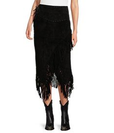 Scully Suede Leather High Rise Wrap Fringe Midi Skirt | Dillard's Fringe Midi Skirt, Suede Fringe Skirt, Fringe Skirt, Suede Fringe, Leather Fashion, Skirt Length, Long Skirt, Suede Leather, Side Zipper