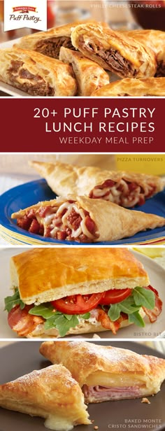 two different sandwiches on plates with the words, 20 puff pastry lunch recipes