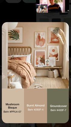 a bedroom with neutral colors and artwork on the wall