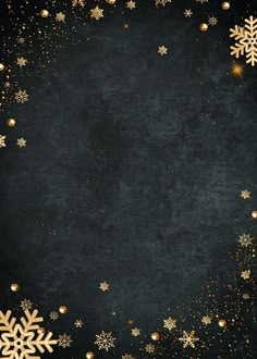 a black background with gold snowflakes and stars