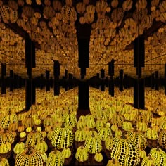 an artistic photo with lots of yellow balls in the center and trees on each side