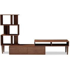 an entertainment center with shelving unit and coffee table in walnut finish, on white background