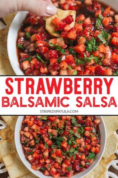 strawberry balsamic salsa in a white bowl with tortilla chips