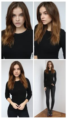 four different pictures of a woman with long hair and black shirt, standing in front of a white wall