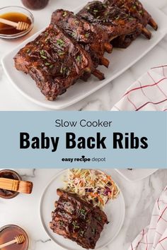 slow cooker baby back ribs with cole slaw and barbecue sauce on the side