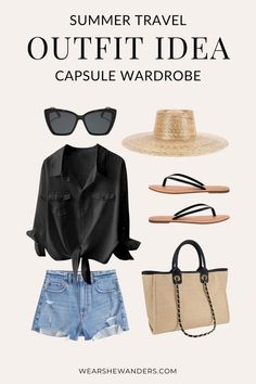 some clothes and accessories with the words summer travel outfit idea capsule wardrobe