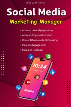 the cover of social media marketing manager, with icons coming out of it and on top of