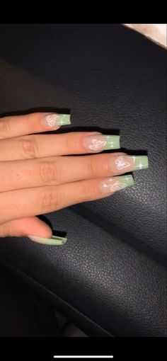 Green Nails For Graduation, Green Coffin Short Nails, Birthday Nails Inspo Green, Sage Green And White Acrylic Nails, Cute Nails Acrylic Sage Green, Save Green Nails Acrylic, Green Nails Acrylic Butterfly, Green Baddie Nails Short, Green Nails Butterflies