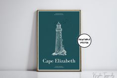 the cape elizabeth lighthouse poster is displayed in front of a white wall with a black frame