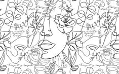 a black and white drawing of faces surrounded by flowers