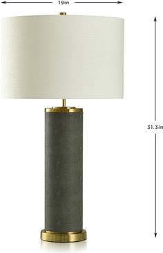 a table lamp is shown with measurements for the base and fabric lampshade on each side