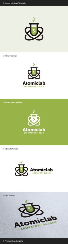 the logo for atomic lab is shown in three different colors and font styles, including green