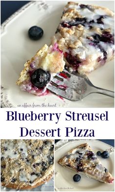 blueberry streusel dessert pizza on a white plate