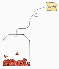 a fish tank with hearts floating out of it and a love tag hanging from the top