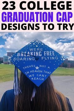 a blue graduation cap with the words breaking free soar flying in front of it