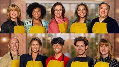 four different pictures of people in aprons smiling at the camera and posing for a photo