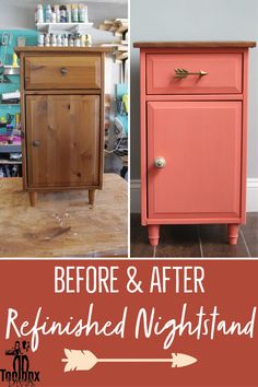 before and after refinished night stand makeover with chalk paint in coral pink